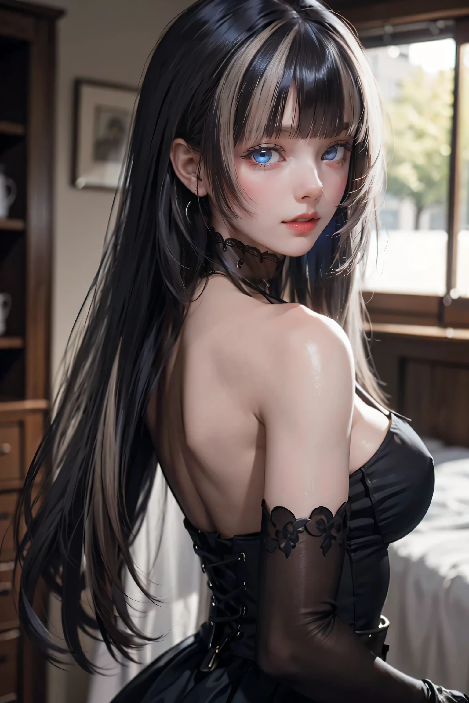 View from behind、(Realistic painting style:0.9), Tabletop, , Red pupils, One Girl, alone, chest, Long Hair, dress, Grey Hair, Chest cleavage, View your viewers, smile, Mouth closed, bangs, Grey Eyes, jewelry, Big Breasts, Earrings, Tight dress, gloves, Exposing shoulders, No sleeve, Single Sleeve, Hair between the eyes, Large chest, Twin Drill, White sleeves, hair ornaments, Various movement poses、View from behind，Sexy Style