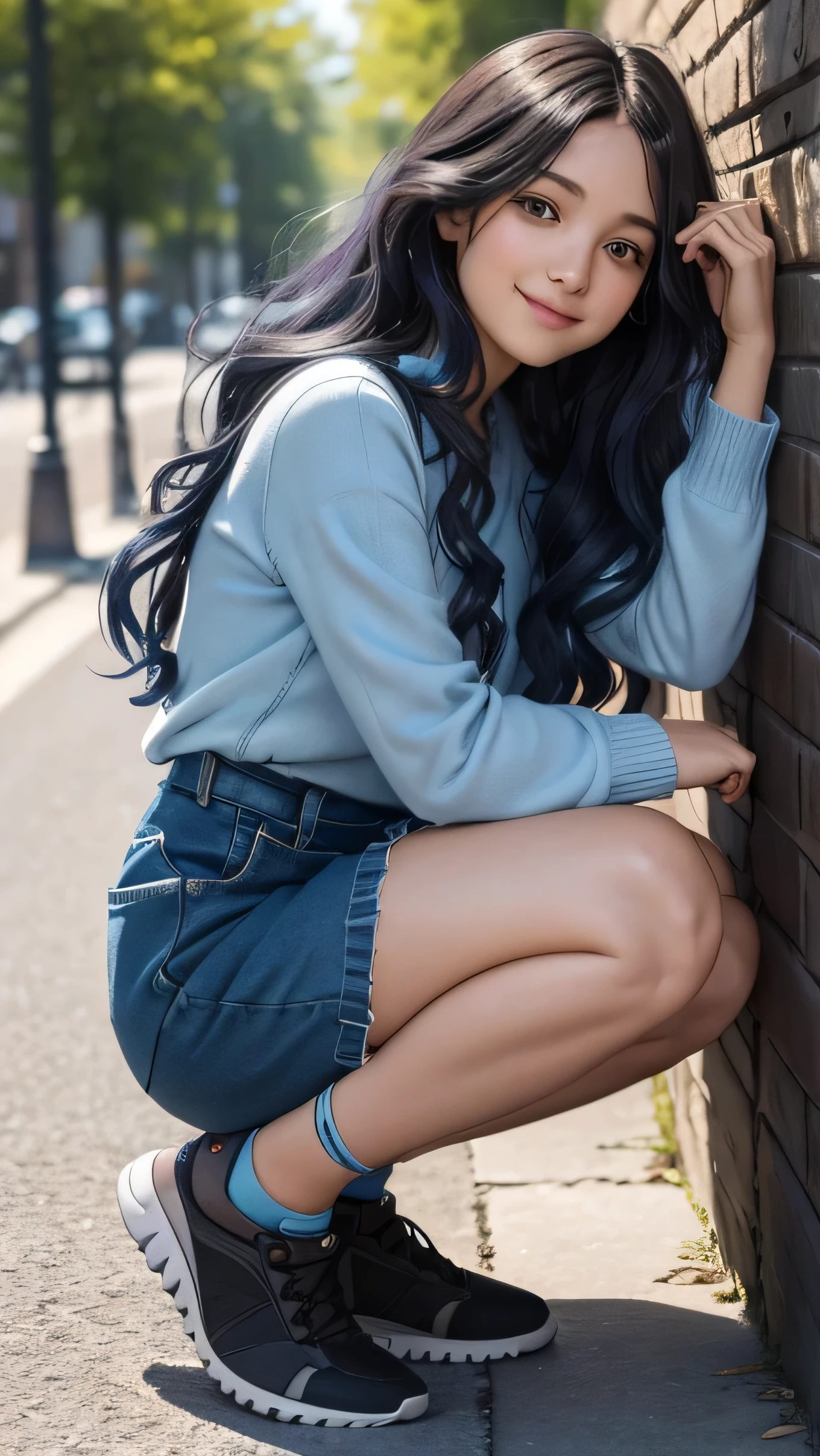 une jeune femme dans la vingtaine, with long wavy blue hair of a soft brown framing a delicate face. Her warm smile lights up her face and transmits positive energy. Nous voyons tout son corps. Elle est en tenue de sport. elle porte aussi des chaussures noires. Elle  fait une pose  mignonne