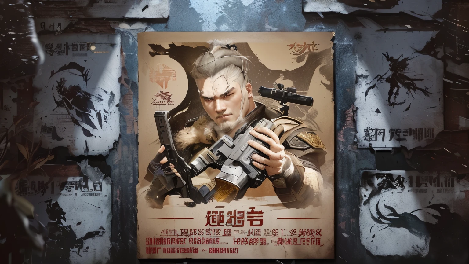 there is a poster of a man holding a gun in front of a wall, character poster, promotional poster art, poster, from ncsoft, game promotional poster, inspired by Fenghua Zhong, g liulian art style, inspired by Sheng Maoye, game poster, official artwork, bian lian, shadowrun splash art