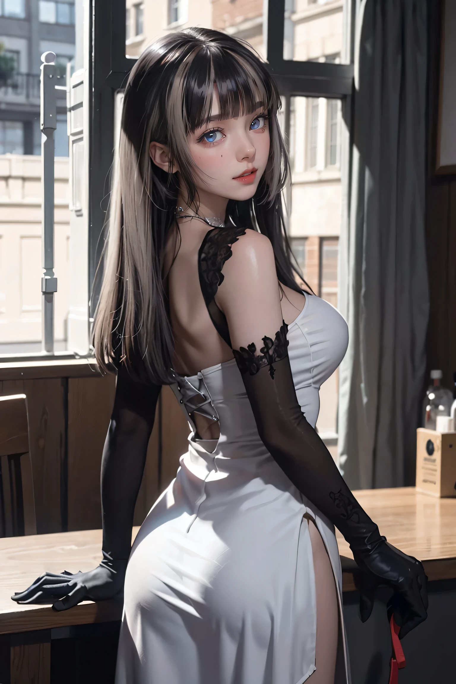 View from behind、(Realistic painting style:0.9), Tabletop, , Red pupils, One Girl, alone, chest, Long Hair, dress, Grey Hair, Chest cleavage, View your viewers, smile, Mouth closed, bangs, Grey Eyes, jewelry, Big Breasts, Earrings, Tight dress, gloves, Exposing shoulders, No sleeve, Single Sleeve, Hair between the eyes, Large chest, Twin Drill, White sleeves, hair ornaments, Various movement poses、View from behind,Sexy Style