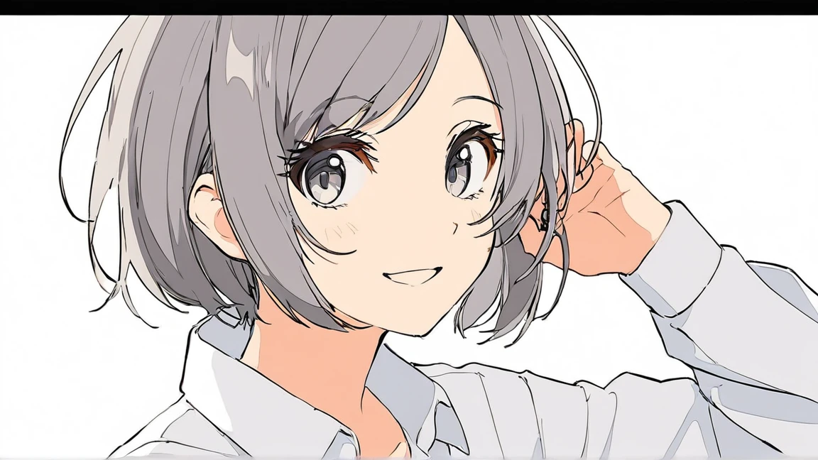 masterpiece,highest quality,One Girl, 一人in, upper_body, smile, gray_eye, Ahoge, 前hair, short_hair, eyebrow_appear_Through_hair, white_shirt, Looking_in_audience, Simple_background, white_background