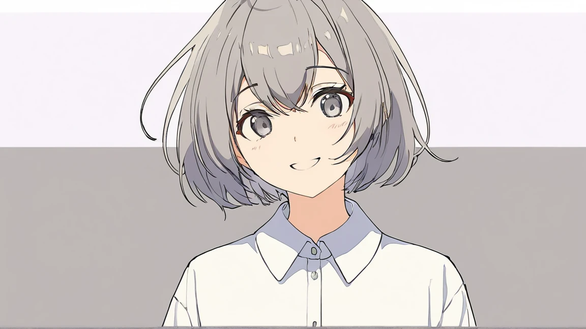 masterpiece,highest quality,One Girl, 一人in, upper_body, smile, gray_eye, Ahoge, 前hair, short_hair, eyebrow_appear_Through_hair, white_shirt, Looking_in_audience, Simple_background, white_background