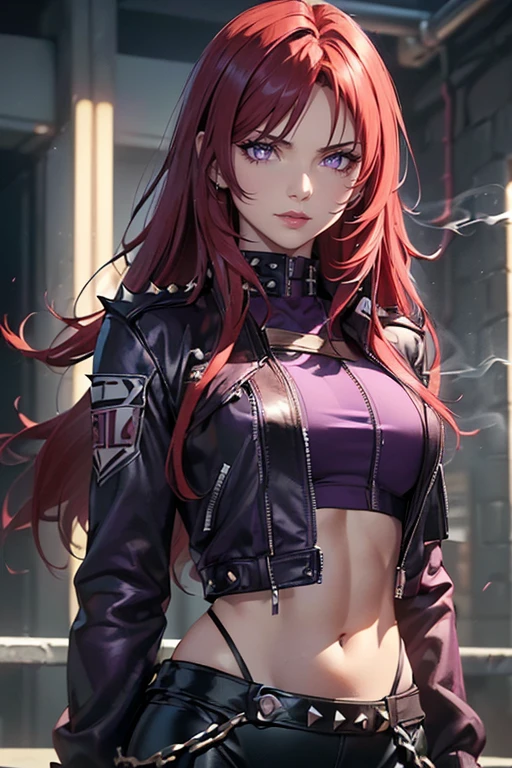 ((solo, 1woman, (TakashiroHiroko, dark purple eyes, red hair, long hair), lipstick, Extremely detailed, ambient soft lighting, 4k, perfect eyes, a perfect face, perfect lighting, a 1girl)), ((solo, (1woman, lipstick), Extremely detailed, ambient soft lighting, 4k, perfect eyes, a perfect face, perfect lighting, a 1girl)), , ((fitness,, shapely body, athletic body, toned body)), ((girl, long  red hair, violet eyes, smirk, Black leather jacket with spikes, open belly, breeches, Chains on clothes, scar on face, cigarette, Smoke, hiquality, 4k, HD, Good detail,  small bust rocker))