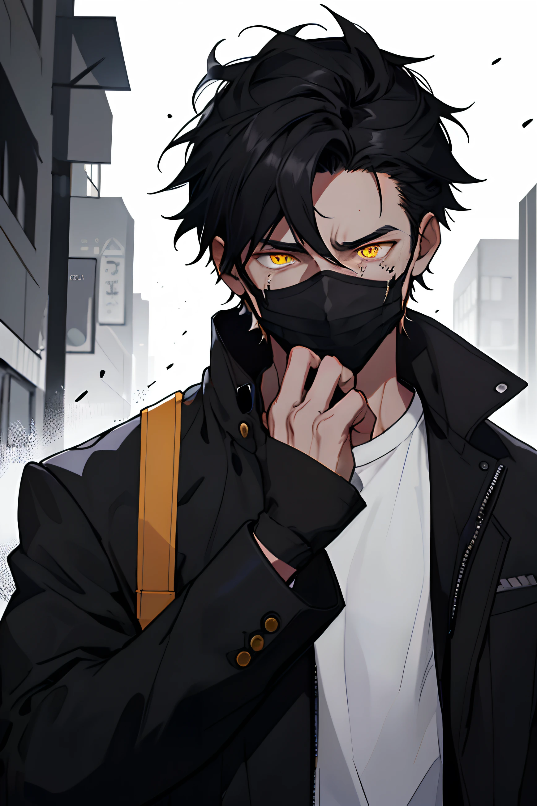 Draw a young man with a black jacket and white shirt , black ClothMask , black pushed back hair , yellow eyes , destroyed city background , crying , scared , ( have a black mask in his mouth ) , shedding tears,