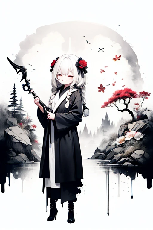 Style of TruckersRule,solo,1female\(cute,kawaii,age of 10,hair color white,braid hair,messy hair,eye color dark,eyes closed smile,white skin,big smile,enjoy,full body,wearing Grim Reaper's black Robe,holding scythe and skull,skip,flower hair ornament,white hair\),background\(black sky,withered flowers all over the ground,a thick red water\), BREAK ,quality\(8k,wallpaper of extremely detailed CG unit, ​masterpiece,high resolution,top-quality,top-quality real texture skin,hyper realisitic,increase the resolution,RAW photos,best qualtiy,highly detailed,the wallpaper\)