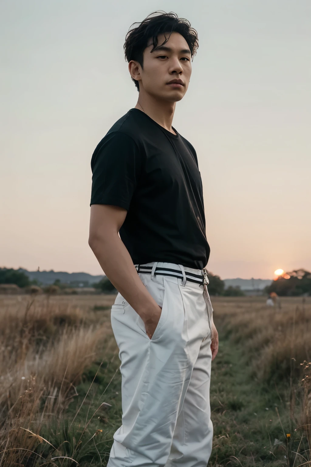 Minimalist, cinematic portrait, of a Korean man with short curly hair, ideal height, wearing a black flannel shirt, white t-shirt, "..........." trousers, sneakers, sling bag, wearing a retro helmet, standing with his back on a classic motorbike "'...................." with white and red accents, retro style, in a field of grass, yellow grass, bokeh background showing an orange sky in the distance , looking at the camera