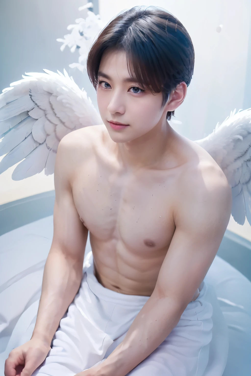 (((masterpiece、high resolution、high quality、Ultra-high resolution、Delicate、sunlight)))1 male、Full Body Shot、Black short hair、White ring on head:1.5、Dense lips、((Angel、White Wings、White Feather、Upper body naked))、Above the Clouds、blue sky、太陽のsunlight