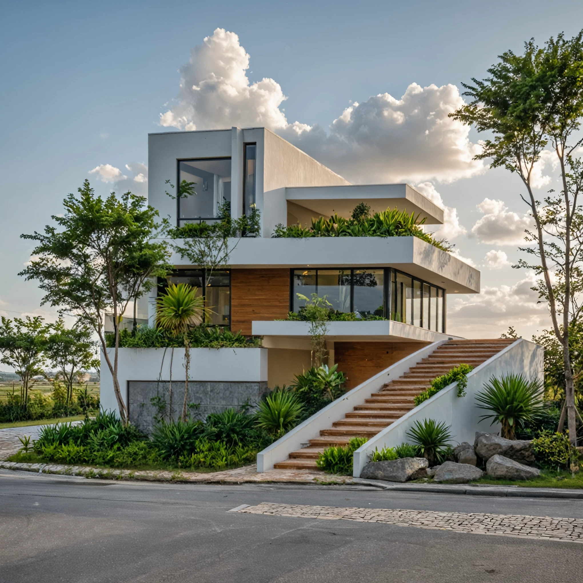 Masterpiece, high quality, best quality, authentic, super detail, outdoors, onestoreyvillaXL, aiaigroup, house style modern on the street ,stairs, white wall ,road,pavement, grass, trees, sky, cloud, (daylight:1.1)
