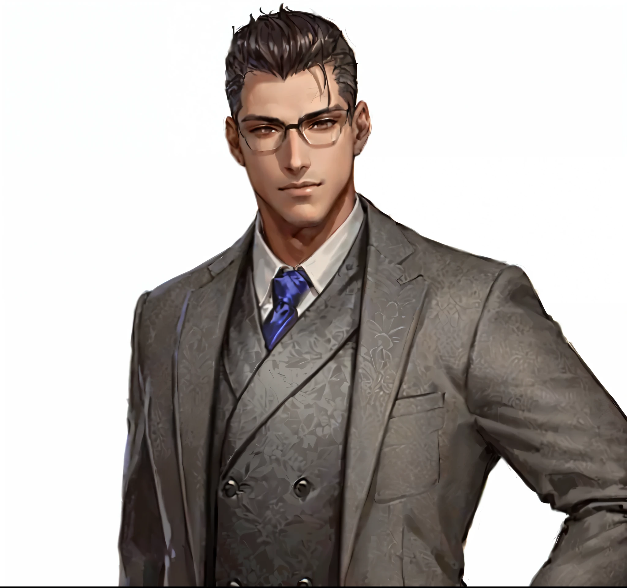 Wearing a suit and tie、Arafi man standing with hands on hips, Full body portrait, 人物Full body portrait, Official Character Art, stylized portrait formal pose, Albert Wesker full body portrait, Full body portrait, Single character full body, Full body photo of Steve, Three piece set, Full body single character, Full body portrait