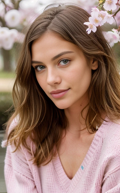 beautiful blonde wearing pink sweater (sitting outside in the spring at a cafe), extreme detailed, 21 years old, innocent face, natural wavy hair, blue eyes, high resolution, masterpiece, best quality, intricate details, highly detailed, sharp focus, detailed skin, realistic skin texture, texture, detailed eyes, professional, 4k, charming smile, shot on Canon, 85mm, shallow depth of field, kodak vision color, perfect fit body, extremely detailed, foto_\(ultra\), photorealistic, realistic, post-processing, maximum detail, roughness, real life, ultra realistic, photorealism, photography, 8k uhd, photography, naked