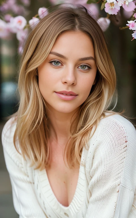 beautiful blonde wearing pink sweater (sitting outside in the spring at a cafe), extreme detailed, 21 years old, innocent face, natural wavy hair, blue eyes, high resolution, masterpiece, best quality, intricate details, highly detailed, sharp focus, detailed skin, realistic skin texture, texture, detailed eyes, professional, 4k, charming smile, shot on Canon, 85mm, shallow depth of field, kodak vision color, perfect fit body, extremely detailed, foto_\(ultra\), photorealistic, realistic, post-processing, maximum detail, roughness, real life, ultra realistic, photorealism, photography, 8k uhd, photography, naked
