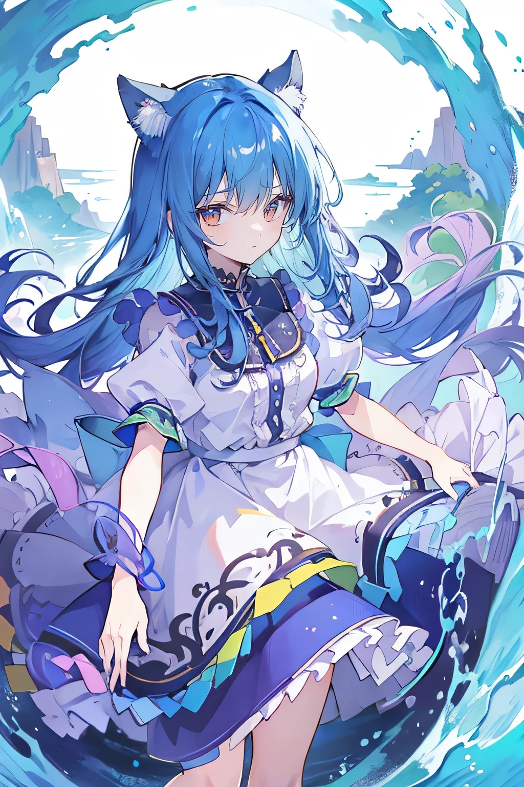 1 girl with light blue hair, cute cat ears, joyful laughter, best quality, masterpiece illustration capturing every intricate detail - from expressive, vibrant eyes to soft, shiny hair cascading like a waterfall, colorful, aesthetic scene, blooming garden or serene lake reflecting azure sky, dynamic pixels showcasing every detail in high resolution, high quality