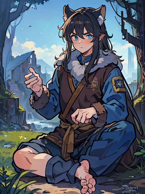 masterpiece,best quality,Very detailed,high resolution,Very detailed,solitary,fantasy,Wolf Orc,boys,20-year-old boys,(direct, long hair),blue eyes,Handsome face,hairy,dark blue fur,Fluffy neck hair,(Expedition Clothing, Brown), barefoot, Very detailed fur,( Five fingers), Overview, External, village,