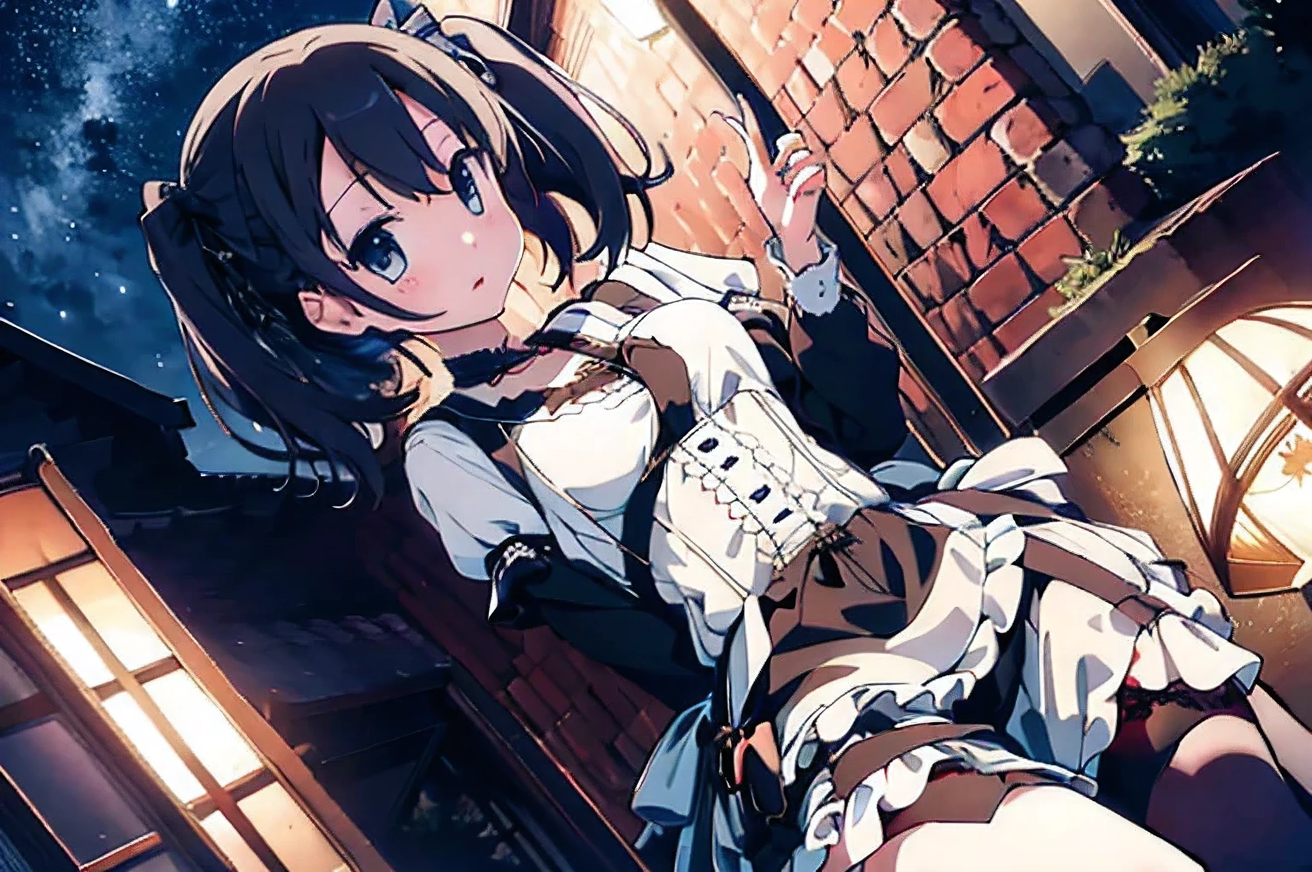 Gothic Lolita ??? Japan Girl - Full Body,
(masuter piece, Best Quality, Ultra-detailed),
(A beautifully detailed Gothic Lolita Girl),
Pitch-black twin tails,
Laced dress, frilly apron, and matching ribbons,
Wearing a choker and lace-up boots,
Rich man's gaze intent on her,
Breast area highlighted, without being explicit,
(Breasts subtly accentuated: 1.2),
During the night, soft streetlight casting shadows,
Wearing a knee-length socks, and black thigh-highs,
Gothic accessories like a mini