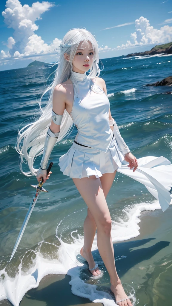 8k,Girl,Bare legs,Fair skin,skirt,seabed,swim,White hair,flight,Cast magic to wear white armor,Armed with a white sword
