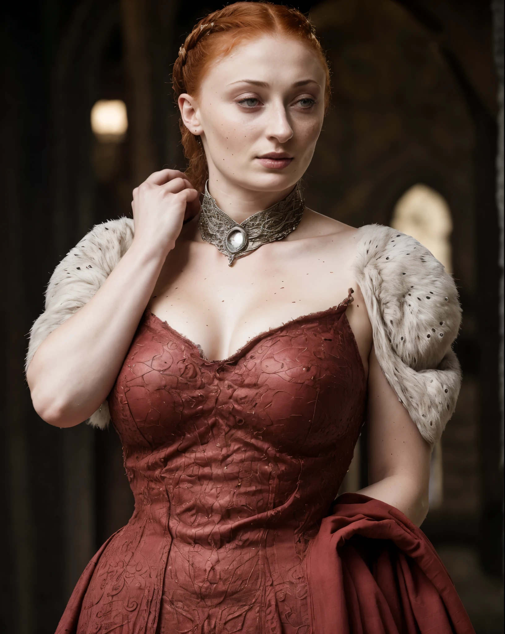 ( Photograph of Sophie Turner as hot queen ) (random photo , full body shot, thick figure, fleshy body, tall woman ) Alayne Stone, Gorgeous Woman, Queen, queen lady, Lady of Winterfell, Wardeness of the North,) the de facto Lady of the Eyrie, 40 years Old, she  a Full growned mature lady now, beautiful mature lady, the queen, milf beauty, mature queen, a captivating woman, beautiful queen, empress, mediaeval queen, alluring appearance, unrivaled beauty, , mediaeval erotic costumes, a Game of Thrones-inspired costume, a close-up of a woman from the middle ages, scene from "Game of Throne," deep cleavage, warrior princess, healthy body, perfect thick body, attractive figure, fleshy body, style of "Game of Throne,", stunning woman, dress made of leather  clothe ( ( insanely detailed realistic skin texture, pores, wrinkles ,freckles) , realistic environment, detailed ultra realistic facial features perfect body parts, ( hyper photorealistic) )