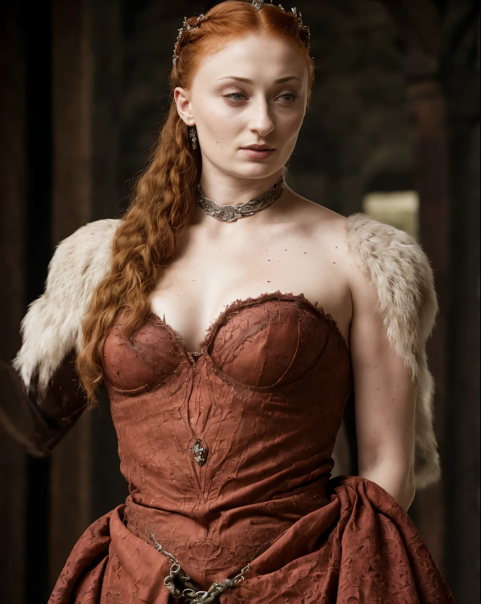 ( Photograph of Sophie Turner as hot queen ) (random photo , full body shot, thick figure, fleshy body, tall woman ) Alayne Stone, Gorgeous Woman, Queen, queen lady, Lady of Winterfell, Wardeness of the North,) the de facto Lady of the Eyrie, 40 years Old, she  a Full growned mature lady now, beautiful mature lady, the queen, milf beauty, mature queen, a captivating woman, beautiful queen, empress, mediaeval queen, alluring appearance, unrivaled beauty, , mediaeval erotic costumes, a Game of Thrones-inspired costume, a close-up of a woman from the middle ages, scene from "Game of Throne," deep cleavage, warrior princess, healthy body, perfect thick body, attractive figure, fleshy body, style of "Game of Throne,", stunning woman, dress made of leather  clothe ( ( insanely detailed realistic skin texture, pores, wrinkles ,freckles) , realistic environment, detailed ultra realistic facial features perfect body parts, ( hyper photorealistic) )