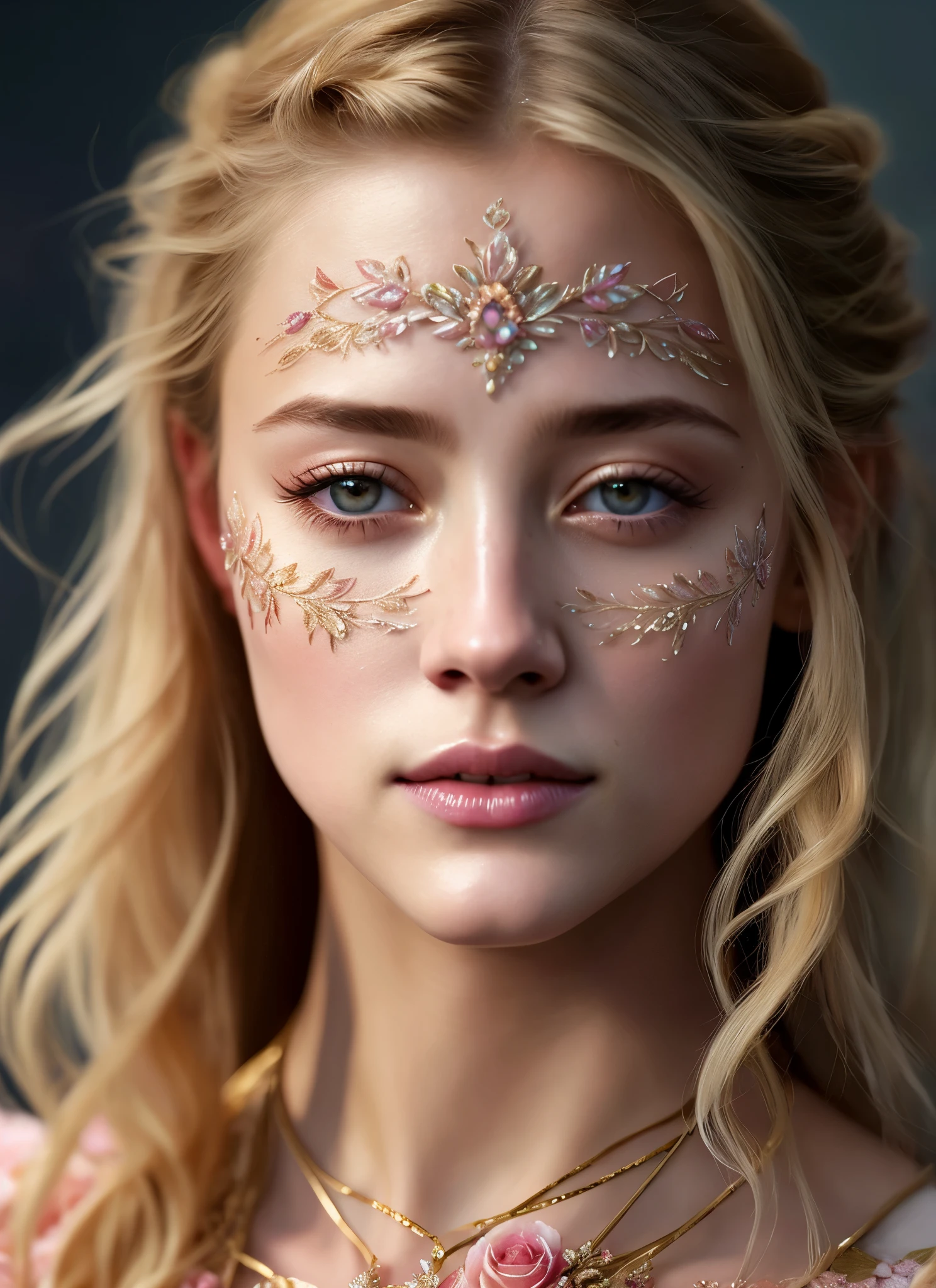 Looks like Lili Reinhart, (symmetry:1.1) (portrait of floral:1.05) a woman as a beautiful goddess, (assassins creed style:0.8), pink and gold and opal color scheme, beautiful intricate filegrid facepaint, intricate, elegant, highly detailed, digital painting, artstation, concept art, smooth, sharp focus, illustration, art by greg rutkowski and alphonse mucha, 8k