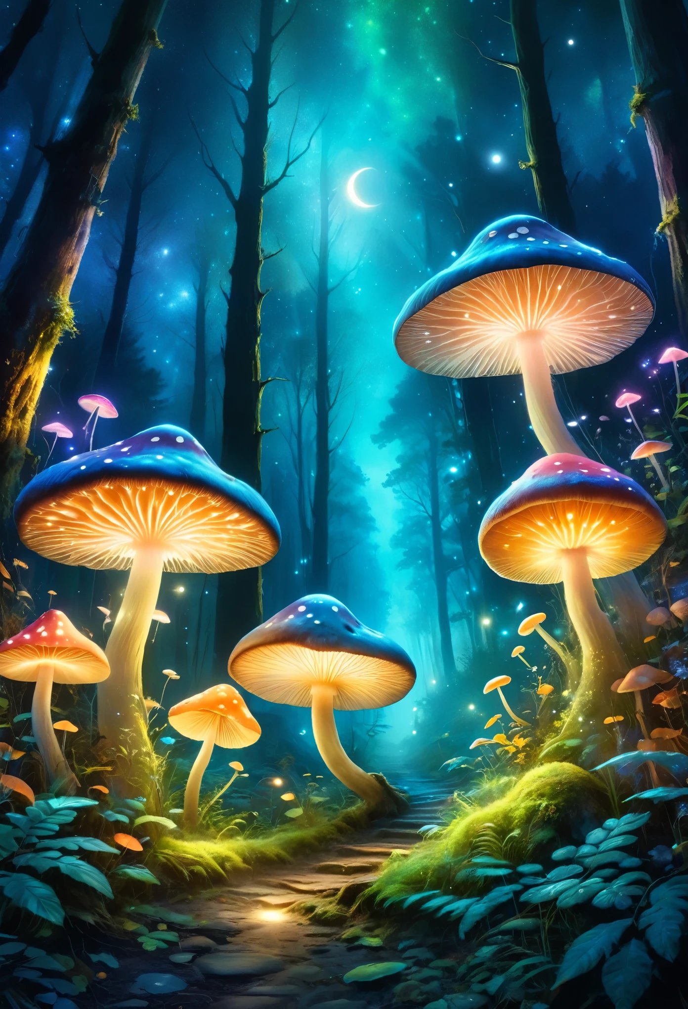 Watercolor landscape painting，Watercolor style，(best quality,4k,8K,high resolution,masterpiece:1.2),Super detailed,(Watercolor landscape painting：1.5),巨型Bioluminescence蘑菇,Magical Mushroom Forest,Butterfly,firefly,Colorful vibrant mushrooms,forest atmosphere,Lush greenery,Mysterious light,Flash,Charming atmosphere,Ethereal Beauty,The air feels charged with magic,External,peaceful,serene,Like a dream,fantasy,myth,Otherworldly,Natural landscape,flora and fauna,Bioluminescence,illuminate,Magic Essence,Mysterious Creatures,Ethereal Light,Mushroom spores,luminescent生态系统,Complex Mode,luminescent光点,Weak fluorescence,Softly glowing mushroom,Create mesmerizing displays,Dark and mysterious,Hidden treasure,luminescent,illuminate周围环境,Peaceful night view,Night charm,Colorful fungus,Soft tones,月光illuminate了森林,Mystic energy,biological miracle.Watercolor landscape painting