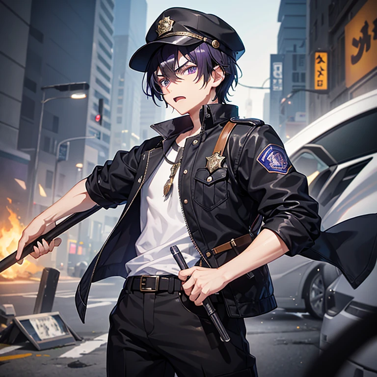 ( High resolution、Very detailed、High definition)20-year-old male、Has purple eyes、Black Hair、Short Hair、Official hat、Police uniform、holding a metal baton in one hand、Angry expression、background(that'Looks like science fiction、The LCD screen of the computer is floating、He is trying to hit the screen with one hand..)