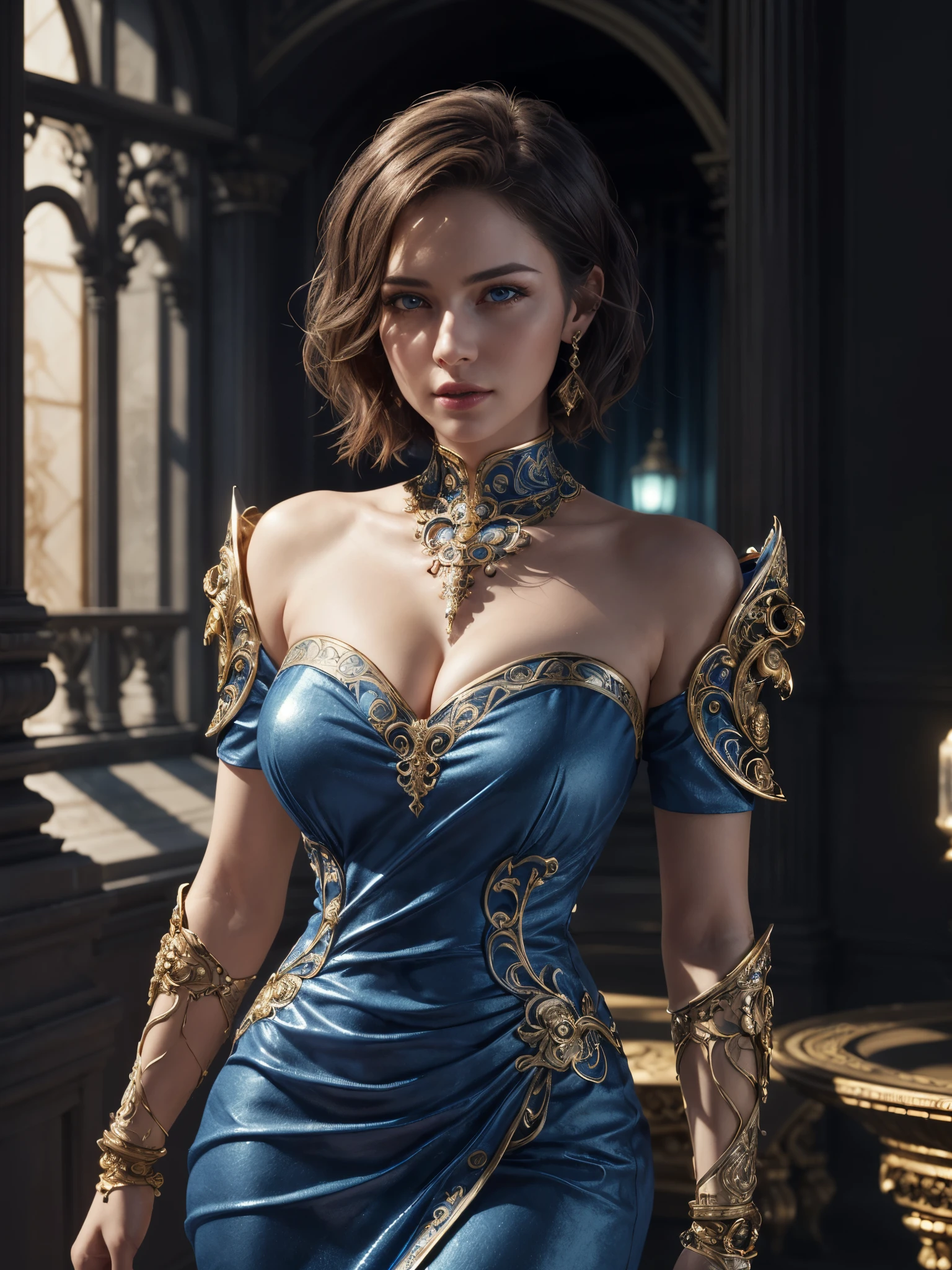 1girl, glowing pillars, dramatic cinematic lighting, detailed face, looking at viewer, (masterpiece, highest quality, software:1.4), (hyper-realistic, realistic:1.3), short bob hair, detailed shiny hair, (sophisticated blue dress design:1.4), (exaggerated ornamental ornate shoulder pad:1.2), mouth closed, sparkling eyes, cleavage, gigantic breasts, 