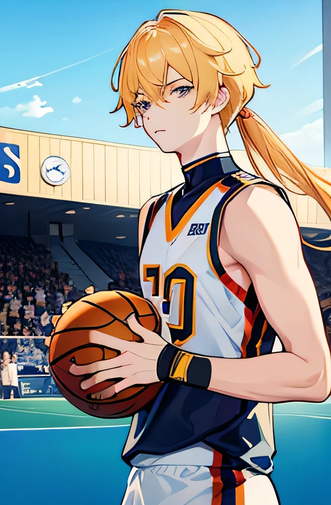 sports student, Blonde hair with golden eyes, Elongated eyes, Long eyeliner, Beautiful and handsome, basketball in hand, Basketball court, basketball jersey