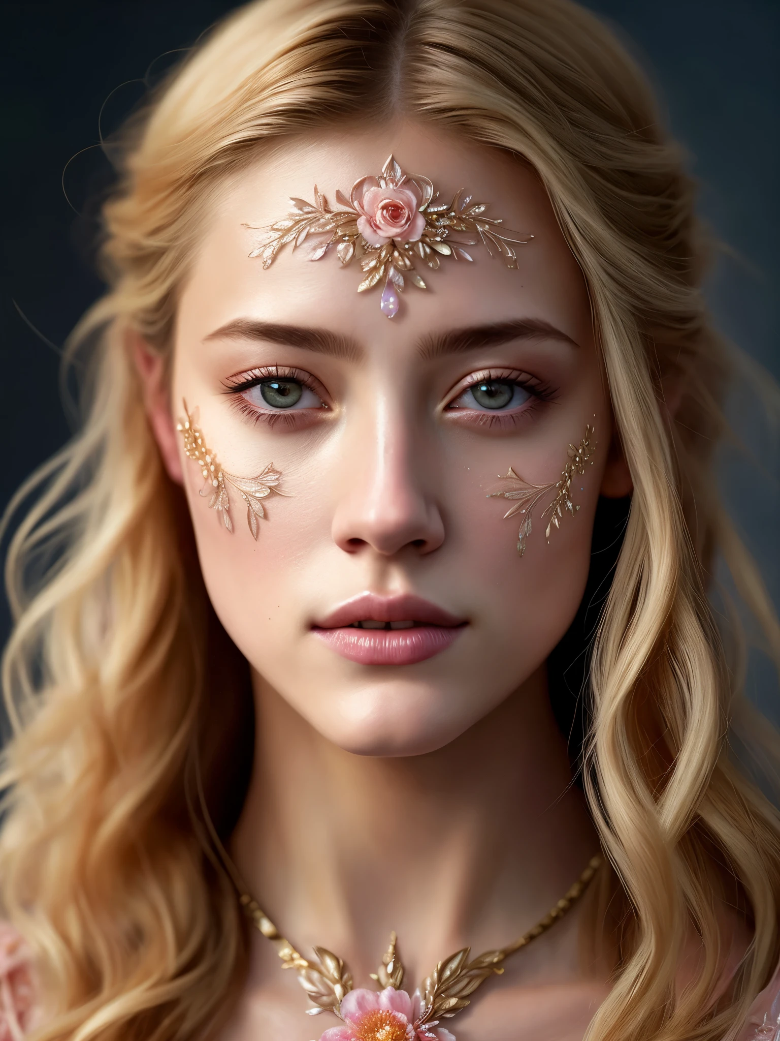 Looks like Lili Reinhart, (symmetry:1.1) (portrait of floral:1.05) a woman as a beautiful goddess, (assassins creed style:0.8), pink and gold and opal color scheme, beautiful intricate filegrid facepaint, intricate, elegant, highly detailed, digital painting, artstation, concept art, smooth, sharp focus, illustration, art by greg rutkowski and alphonse mucha, 8k