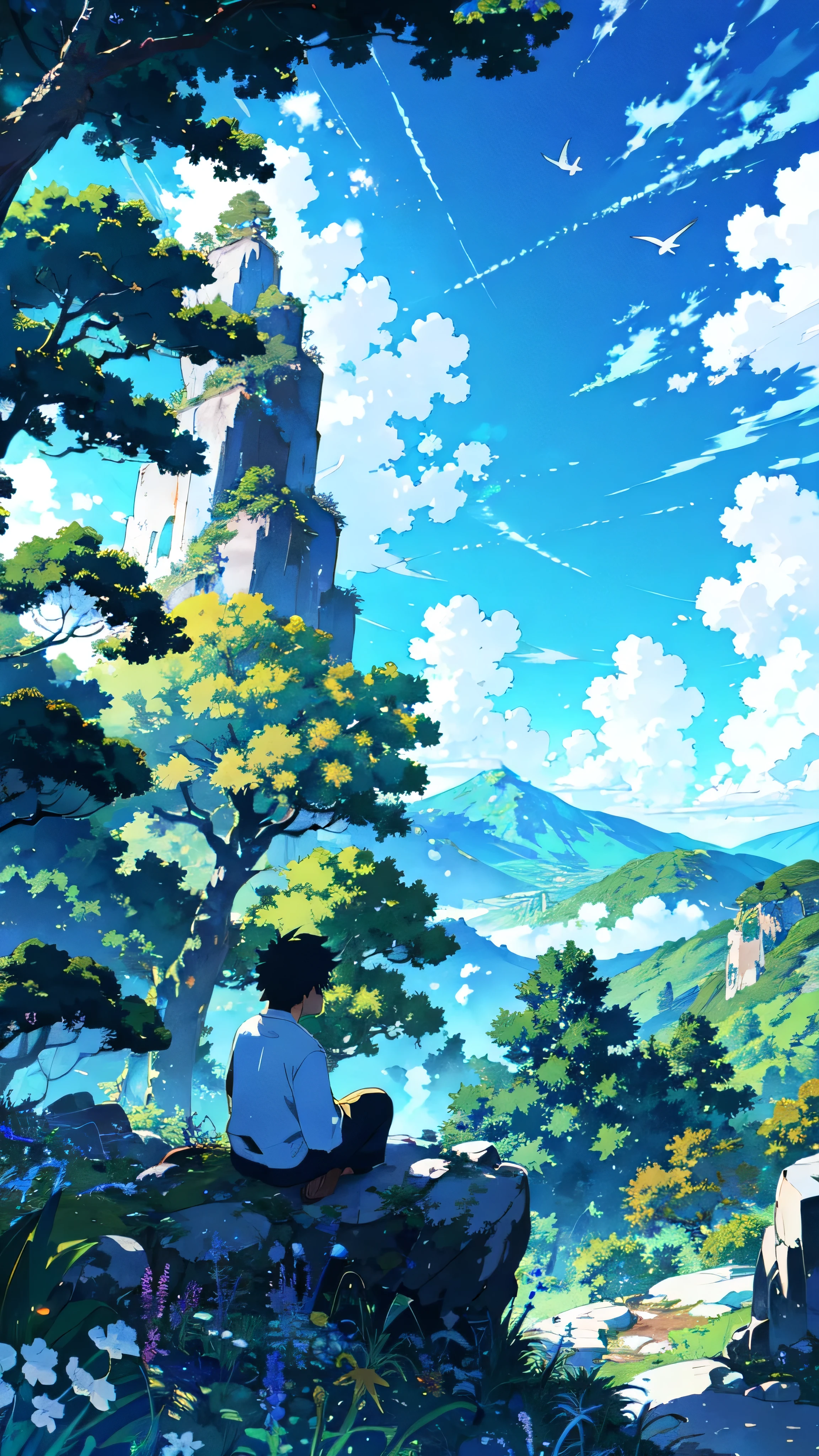 A serene anime-style landscape under a bright blue sky with fluffy white clouds. A lush, green tree with thick foliage stands tall on the left side of the image. Below the tree, a young boy sits peacefully on a rocky hill, gazing out at the expansive, clear sky. The scene is filled with vibrant greenery, wildflowers, and birds flying in the distance, creating a sense of calm and tranquility. tree, no humans, cloud, sky, outdoors, day, smile, blue sky, aqua background, Rich colors, white cloudsï¼ aqichahua, illustration, flat color, Flat style, highlands, (Masterpiece), (best quality)