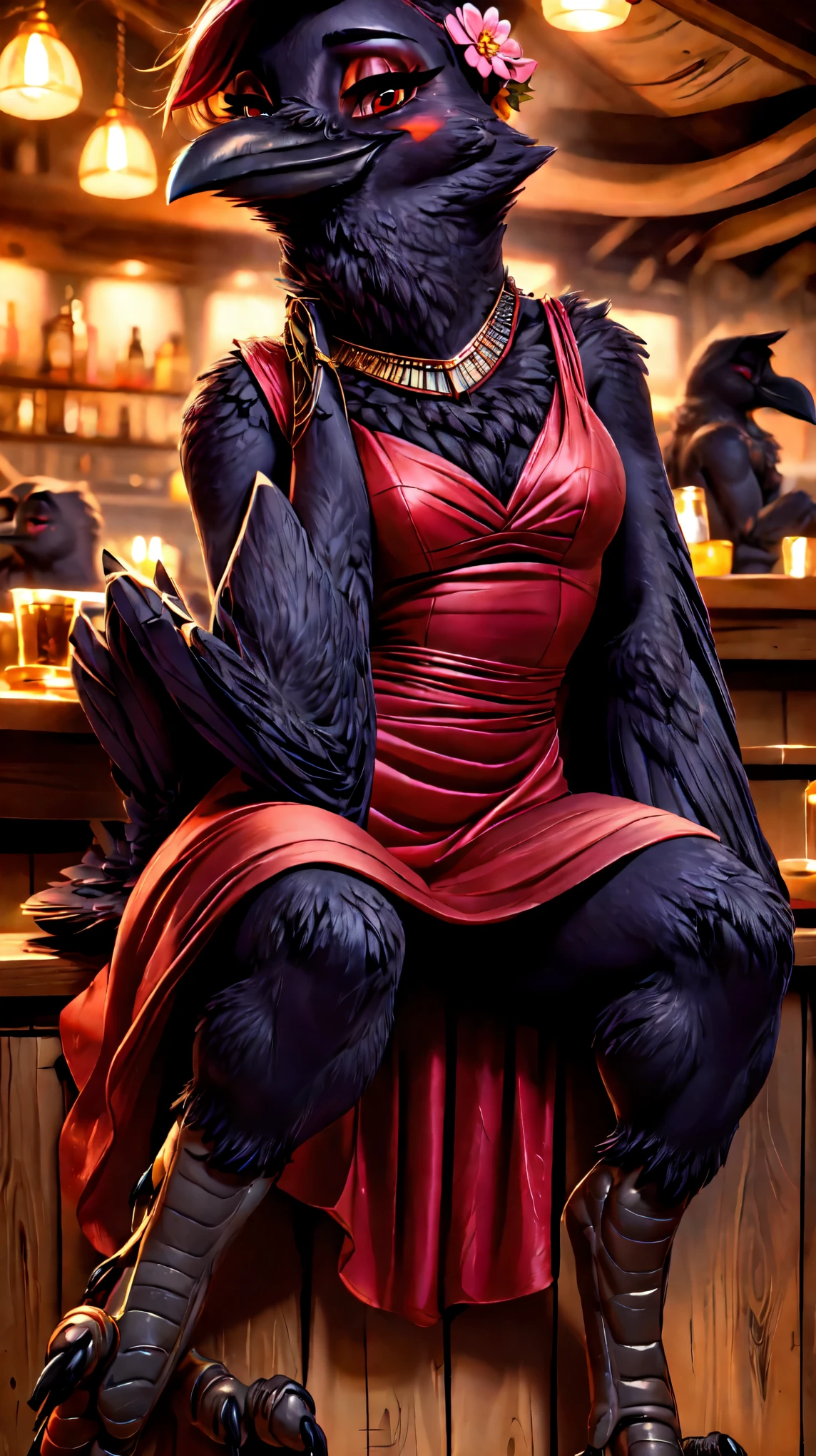 (((teen:1.5)))(((blush))),((((Very realistic:1.5)))),((Beautiful big red eyes:1.5)),((((feet visible:1.5)))),(((jewelry:1.5))),((full body)),(((anthro crow:1.5))),(((Bar))),((Lover-like relationship)),((sexy Dress:1.3)),smile,((flower hair ornament)),female, ((((winged-arms)))),((sitting)),((wine bottle)),portrait, Medium breasts, beak,cute,Super high quality,masterpiece,heart shaped pupils,(highest quality,4k,8K,High resolution,masterpiece:1.2), Super detailed, HDR, UHD, studio lightning, ultra-fine goodinting, sharp focus, Physically based rendering, extrine detail description, Professional, Bright colors, Bokeh, (in) you bring, landscape, photograph, concept artist (Style), (with) vibrant color goodlette, (good) soft lighting.