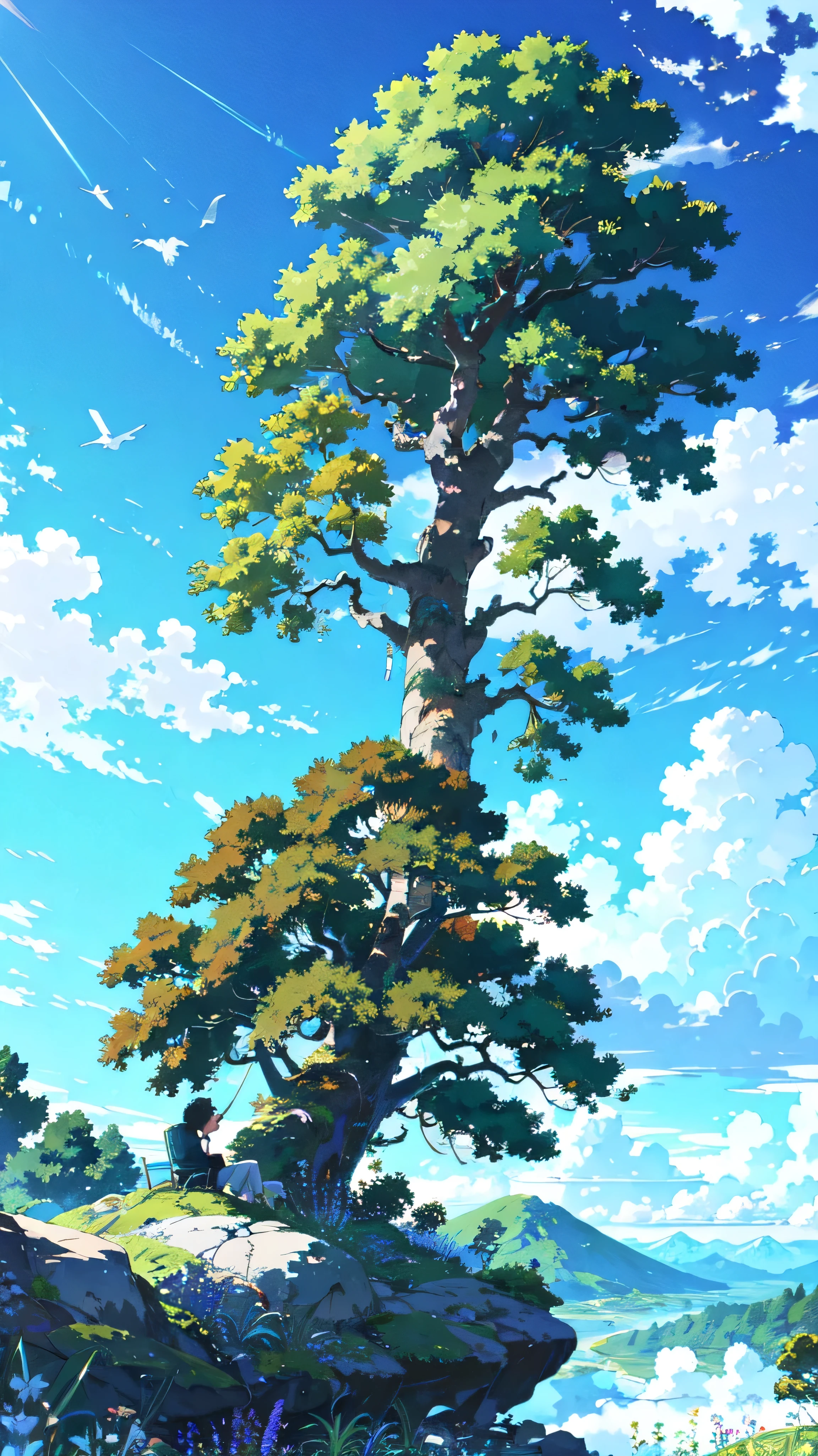 A serene anime-style landscape under a bright blue sky with fluffy white clouds. A lush, green tree with thick foliage stands tall on the left side of the image. Below the tree, a young boy sits peacefully on a rocky hill, gazing out at the expansive, clear sky. The scene is filled with vibrant greenery, wildflowers, and birds flying in the distance, creating a sense of calm and tranquility, tree, humans, cloud, sky, outdoors, day, smile, blue sky, aqua background, Rich colors, white cloudsï¼ aqichahua, illustration, flat color, Flat style, highlands, (Masterpiece), (best quality)