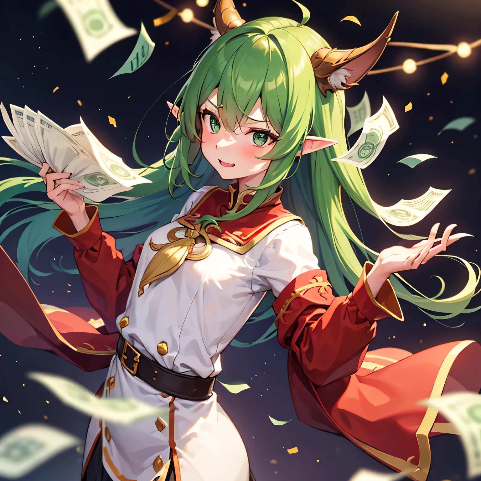 best quality, （masterpiece）, Solitary, 1 Girl,  us_Erindale,Green Eyes, Green Hair, cute,Red Cliff女,((Red Cliff)),anatomically correct,Turn your back to the camera,Standing on the stage,A lot of money,Sprinkle money,send money,Throw money,banknotes,flying in the air,The screen is full of banknotes,Good shape,Big ,Solitary, Pointed ears, Elf,Surprised expression,Happy expression,hapiness,shy,blush,Stare at this person，Lean forward,looking into camera,