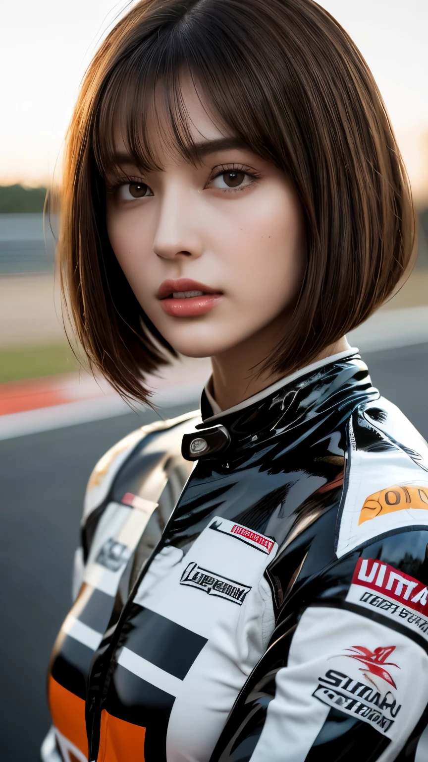 Bust up shot, Dynamic Lighting, (highest quality:1.4), 32K resolution, (Realistic:1.5), (超Realistic:1.5), High resolution UHD, (masterpiece:1.2), (Improvement of quality:1.4), (1.Lady), Supermodel, Female rider, 21 years old, Perfect Anatomy:1.37, Standing pose, (Wearing a super shiny racing suit:1.37), (Wearing a long-sleeved racing suit:1.1), (Wearing an orange racing suit:1.21), (Many suits with logos), Racing Gloves, Have a helmet:1.21, (On the vast race circuit:1.37), (Sunny day outdoors;1.37), shut up, Fine eyelashes,  Sharpen your eyebrows, [Pink lipstick:0.8], (Very lethargic details:1.25), (Light pale complexion), Symmetrical eyes, Natural Makeup, ((A great eye for quality:1.2)), (tired, Sleepy and satisfied:0.0), (Beautiful Lips:1.33), (Great nose:1.2),  (Flat Chest), (Slim lower body), Shiny brown hair, Let your bangs hang long, (Bob Cut Hair:1.21), ((Realistic)), ((Sharp focus)), ((The most ridiculous quality)), (Ultra-high resolution:1.6), Inspiring and spectacular cinema lighting,