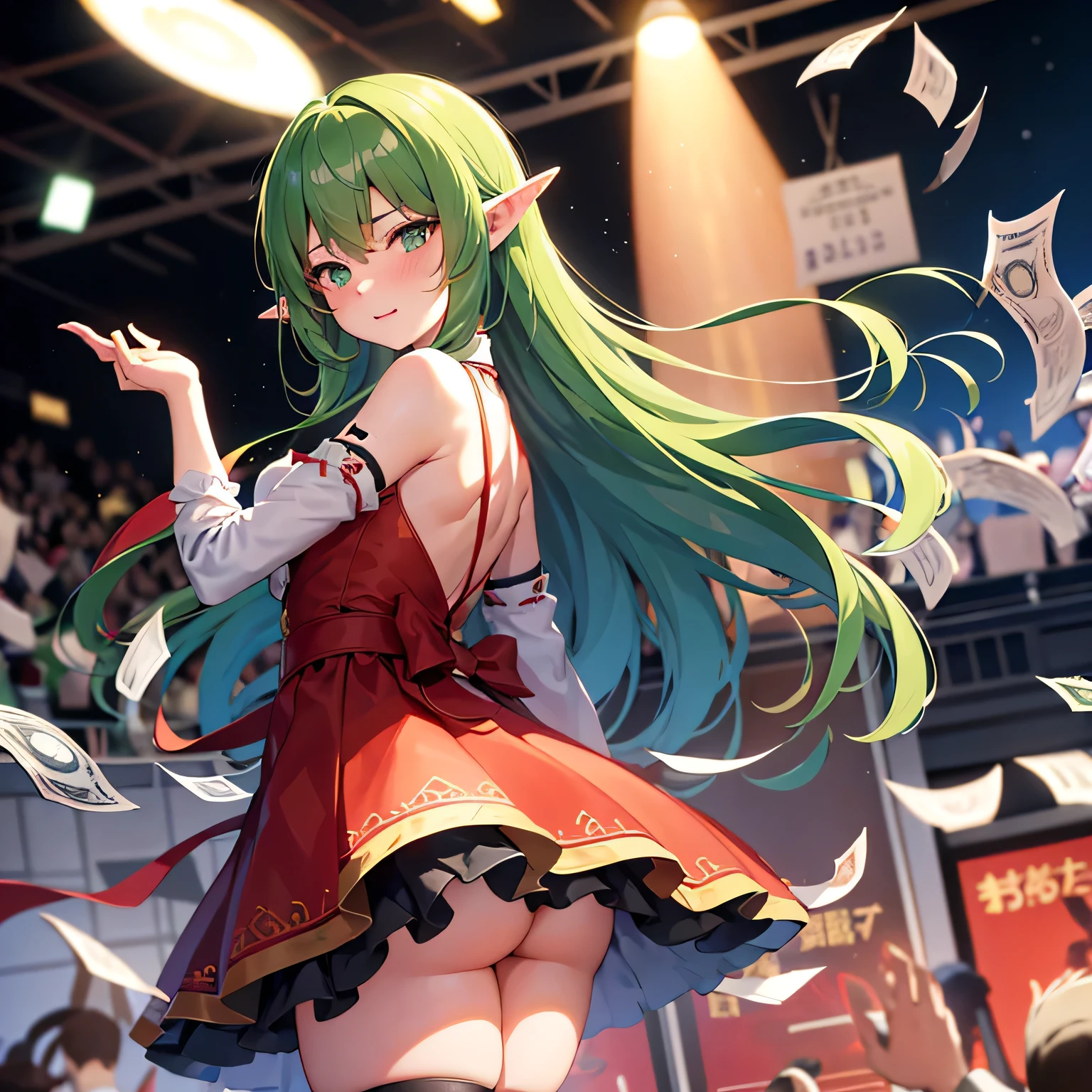 best quality, (masterpiece), Solitary, 1 Girl, us_Erindale,Green Eyes, Green Hair, cute,Red Cliff女,((Red Cliff)),anatomically correct,Turn your back to the camera,Standing on the stage,A lot of money,Sprinkle money,send money,Throw money,banknotes,flying in the air,The screen is full of banknotes,Good shape,Big ,Solitary, Pointed ears, Elf,Surprised expression,Happy expression,hapiness,shy,blush,Stare at this person,Lean forward,looking into camera,