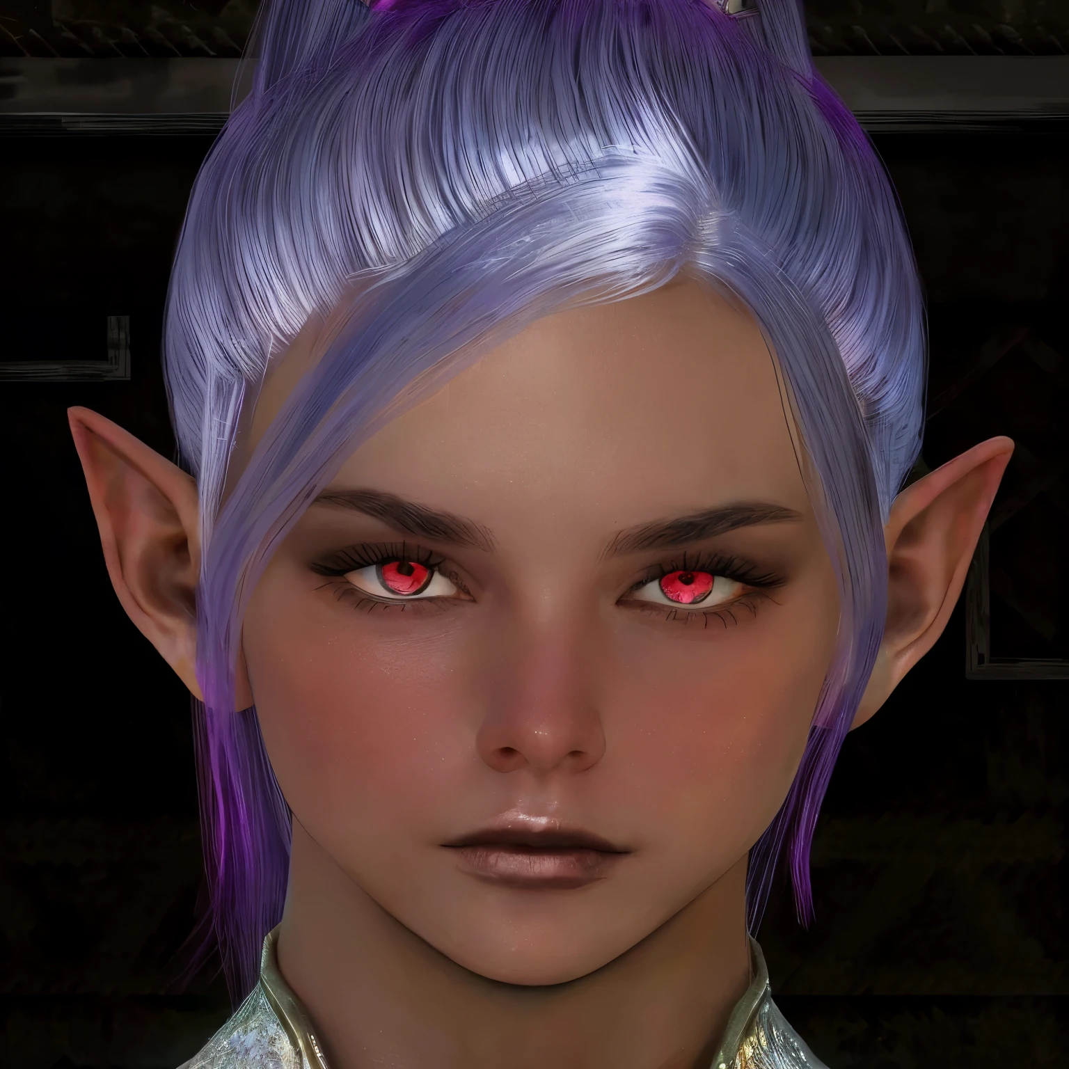 a close up of a woman with purple hair and red eyes, with very highly detailed face, glowing amethyst eyes, elven character with slight smirk, centered elven, pointed face,portrait of an elf, dark elf