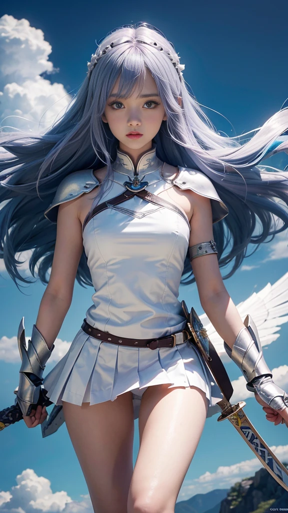 8k,Girl，Bare legs，Fair skin，skirt，Colored hair，flight，Cast magic to wear white armor，Armed with a white sword