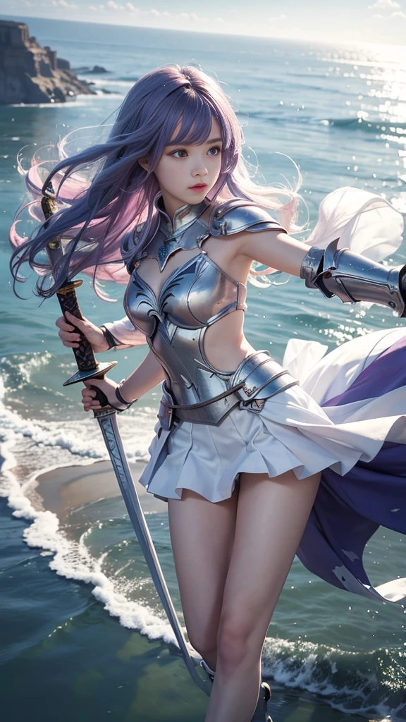 8k,Girl,Bare legs,Fair skin,skirt,Colored hair,flight,Cast magic to wear white armor,Armed with a white sword