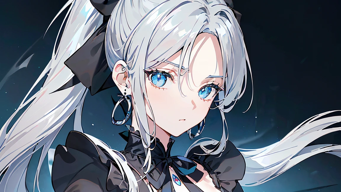 ((Beautiful and elegant girl)), Big Blue Eyes, 1. Slender women, Slightly larger breasts, ((Gray Hair),((Black ribbon ponytail,)),In 8K, highest quality, (Highly detailed head: 1.0), (Highly detailed face: 1.0), (Highly detailed hair: 1.0),((Black Costume)、Jewelry Earrings,Detailed official artwork, Beautiful and detailed anime art,(Expressionless)