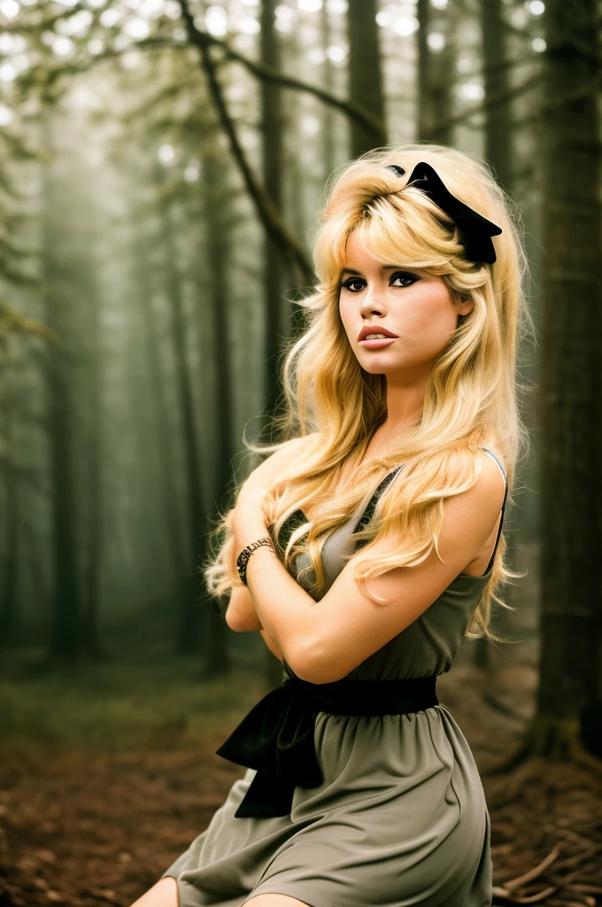 a Detailed Photo of a bbardot woman with dark eye makeup and a black bow on her head, detailed face, Beautiful, Perfect Eyes, (highly detailed skin:1.1), perfect body, wearing a swing dress, Professional Photography, Soft Lighting, Photorealistic, Realistic, ((Fog:1.2)), ((in a Forest background)), blurred background, volumetric fog, God Rays, Bokeh, RAW, analog style, sharp focus, 8k, high res, DSLR, high quality, Fujifilm XT3, film grain, award winning, stunning