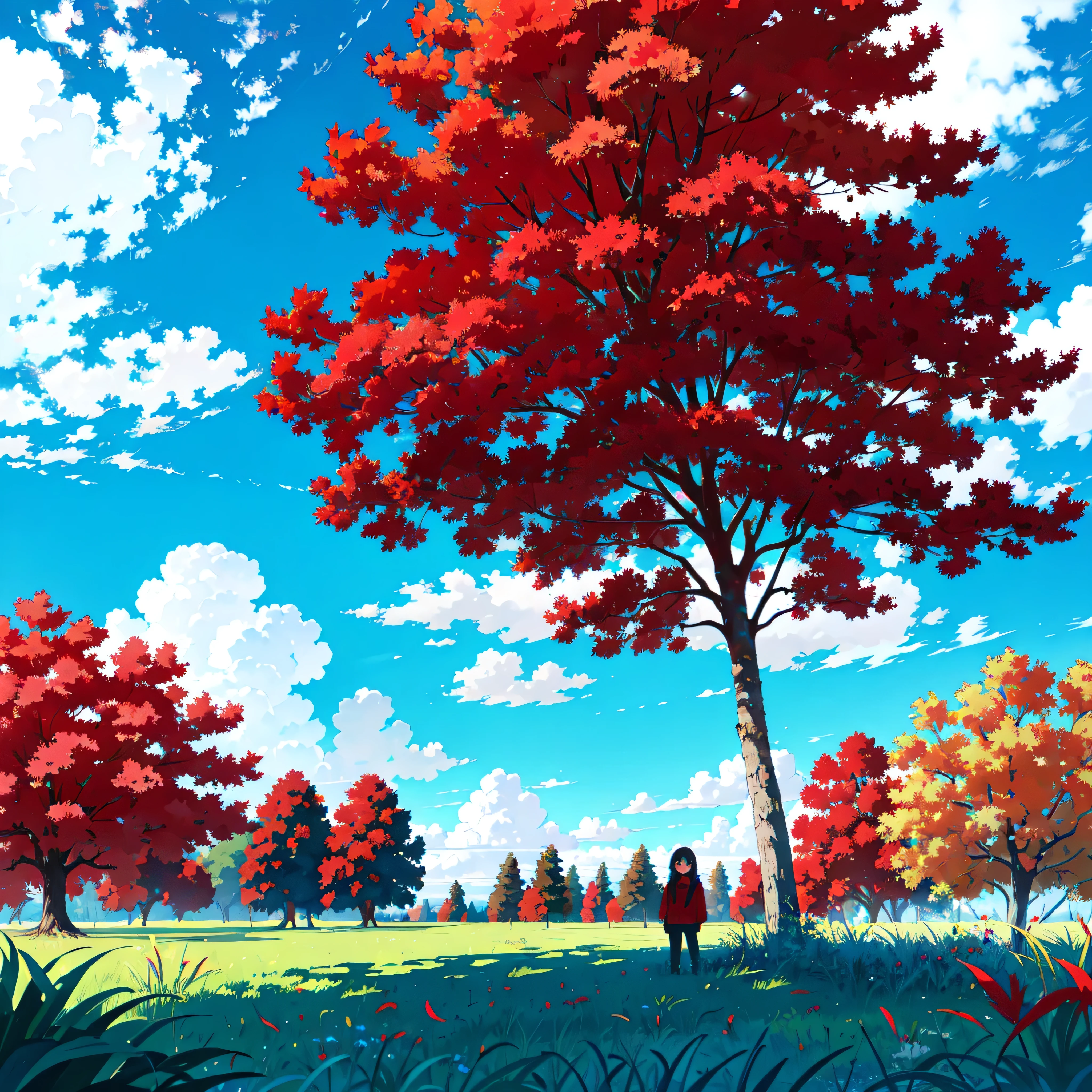 A big  red leaves  tree , no humans ,  clouds,Blue sky, outdoors , day, smile, blue sky, aqua background, Rich colors, white cloudsï¼ aqichahua, illustration, flat color, Flat style, flat Grassland , (Masterpiece), (best quality)