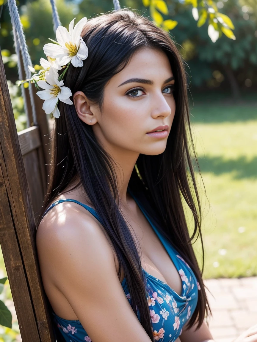 (best quality), (Masterpiece), (high resolution), (complicated details:0.2), (previous view), 1 hot and beautiful European Israeli girl. Age 24 (Beautiful face:1.40), Slim shape, Beautiful skin, joyful, raven black hair, sexy blue eyes, sitting on a swing with a long summer dress with flower prints waving in the wind, sunshine lightning natural, strong jawline, dark brown lipstick and natural makeup, styled hair with flowers and colors