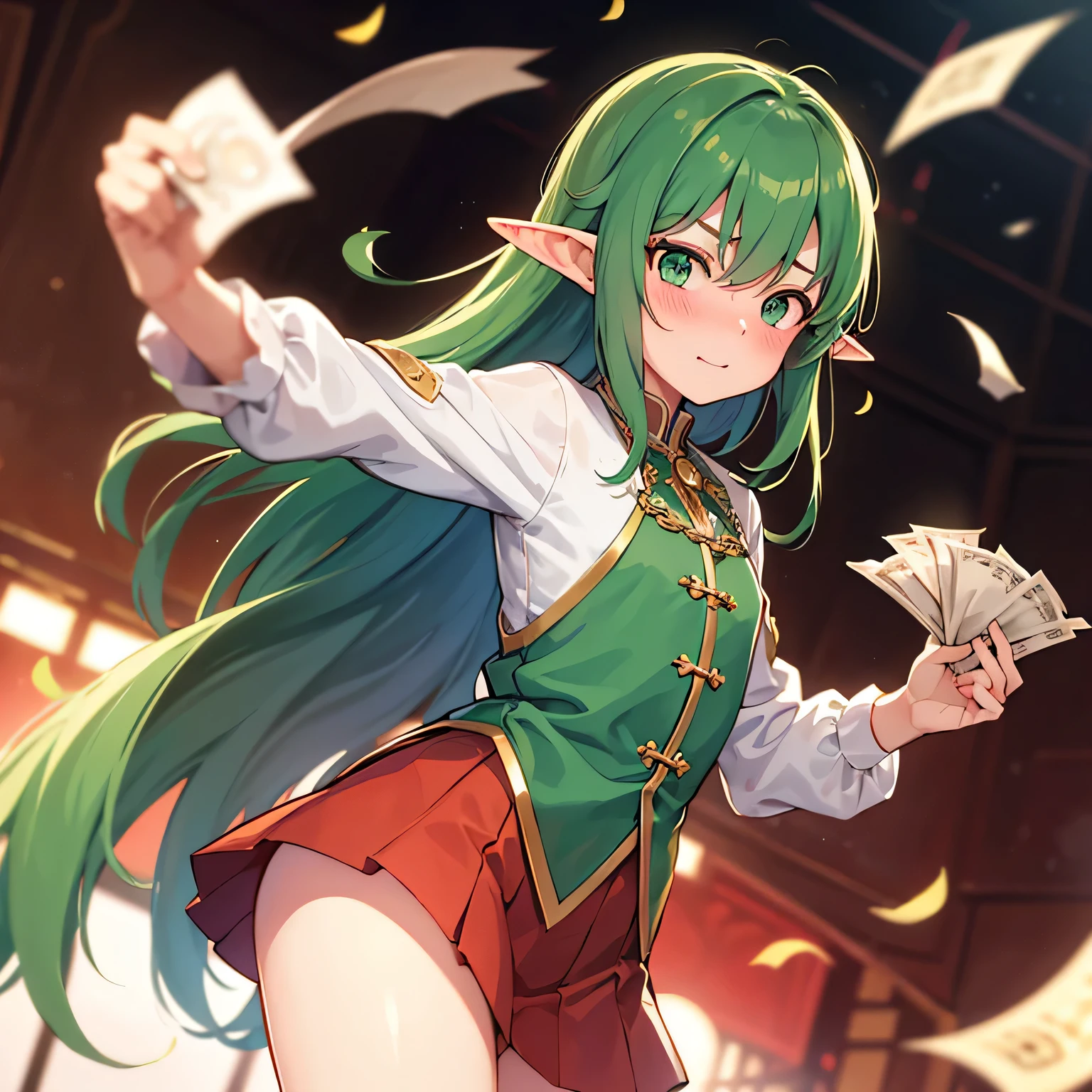 best quality, (masterpiece), Solitary, 1 Girl, us_Erindale,Green Eyes, Green Hair, cute,Red Cliff女,((Red Cliff)),anatomically correct,Turn your back to the camera,Standing on the stage,A lot of money,Sprinkle money,send money,Throw money,banknotes,flying in the air,The screen is full of banknotes,Good shape,Big ,Solitary, Pointed ears, Elf,Surprised expression,Happy expression,hapiness,shy,blush,Stare at this person,Lean forward,looking into camera,