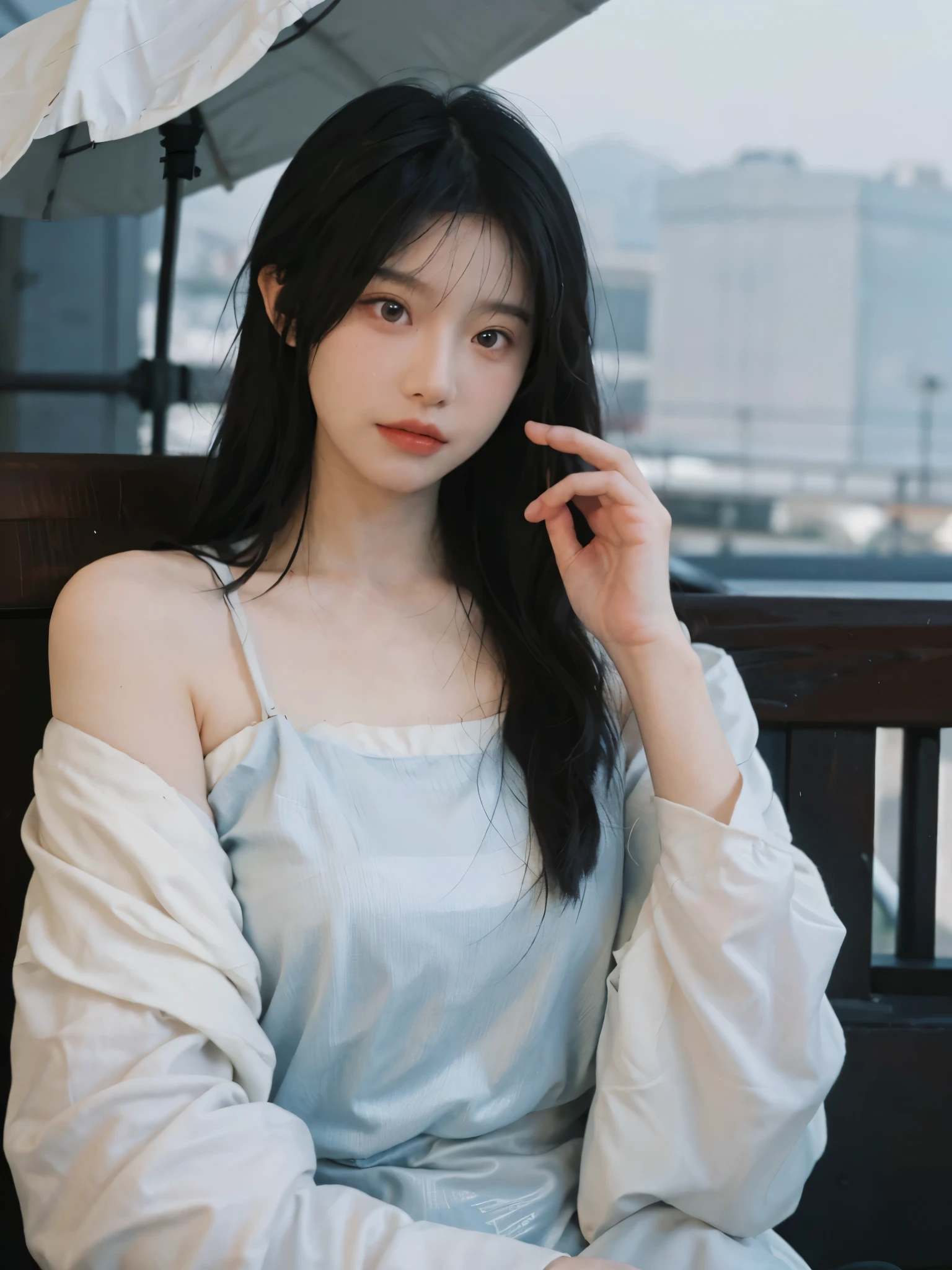 Film portrait photography, 2 girls, bare shoulders, Shoulder length wavy hair, Snow-white cheongsam,(Realistic and detailed eyes, natural skin texture, Realistic facial details),, depth of field, Bokeh, Vibrant details, Detailed and detailed, Surrealism, 35mm film, hazy, ,self-shot,