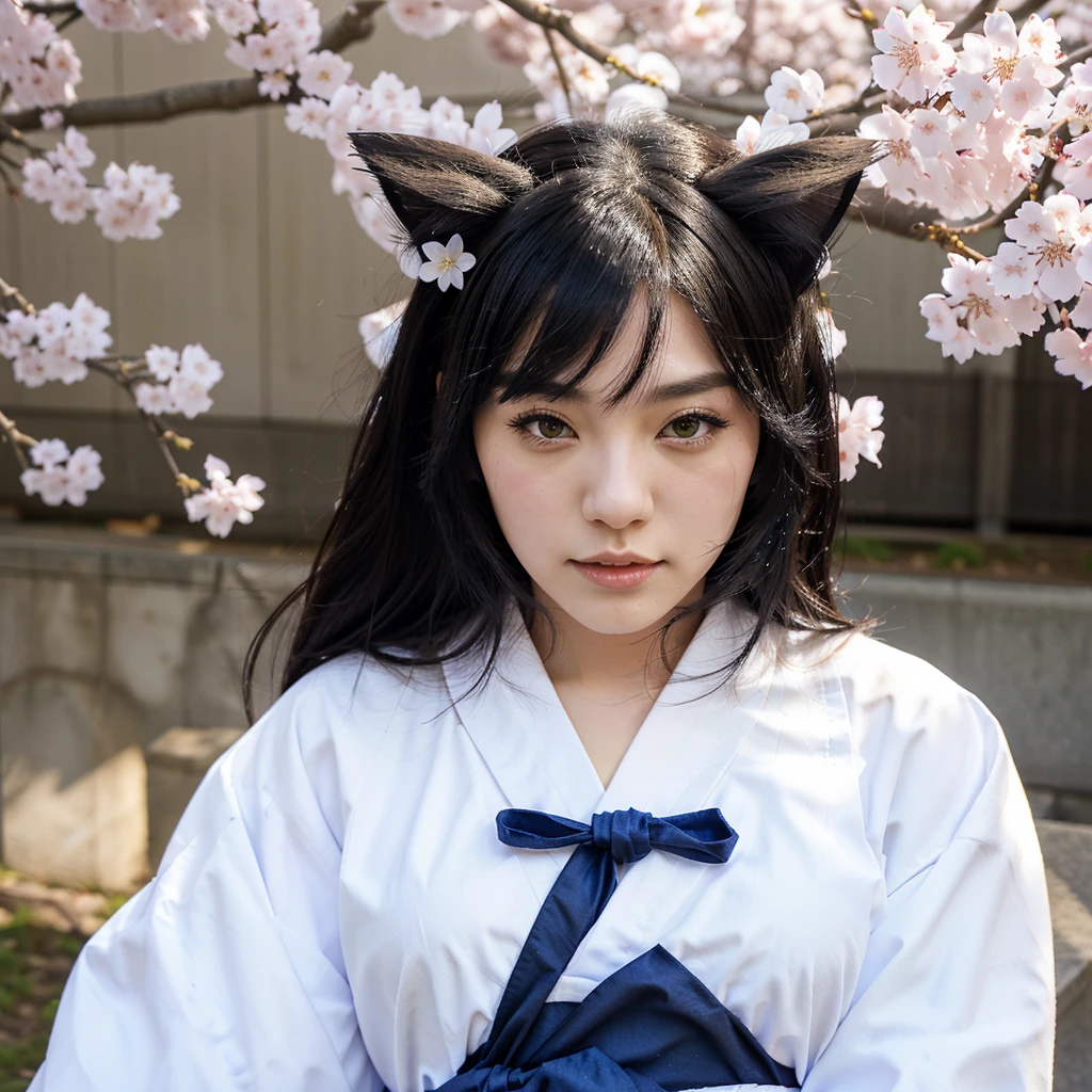 cat girl, black hair, white kimono, Blue Hakama, cherry blossom petals falling