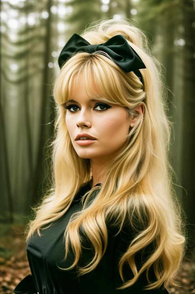 a Detailed Photo of a bbardot woman with dark eye makeup and a black bow on her head, detailed face, Beautiful, Perfect Eyes, (highly detailed skin:1.1), perfect body, wearing a swing dress, Professional Photography, Soft Lighting, Photorealistic, Realistic, ((Fog:1.2)), ((in a Forest background)), blurred background, volumetric fog, God Rays, Bokeh, RAW, analog style, sharp focus, 8k, high res, DSLR, high quality, Fujifilm XT3, film grain, award winning, stunning