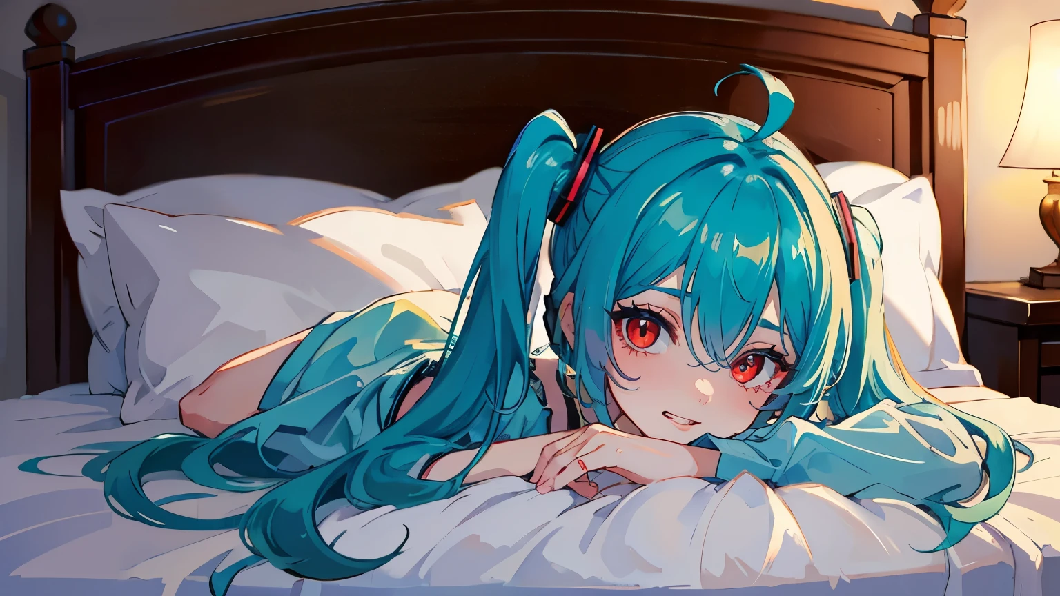 (masterpiece, best quality, very detailed, best shadow), 1girl, solo, miku hatsune, ahoge, aqua eyes, aqua hair, crossed bangs, hair between eyes, hair ornament, headphones, long hair, twintails, middle shot, (Lying on the bed:1.6), (tired:1.6)