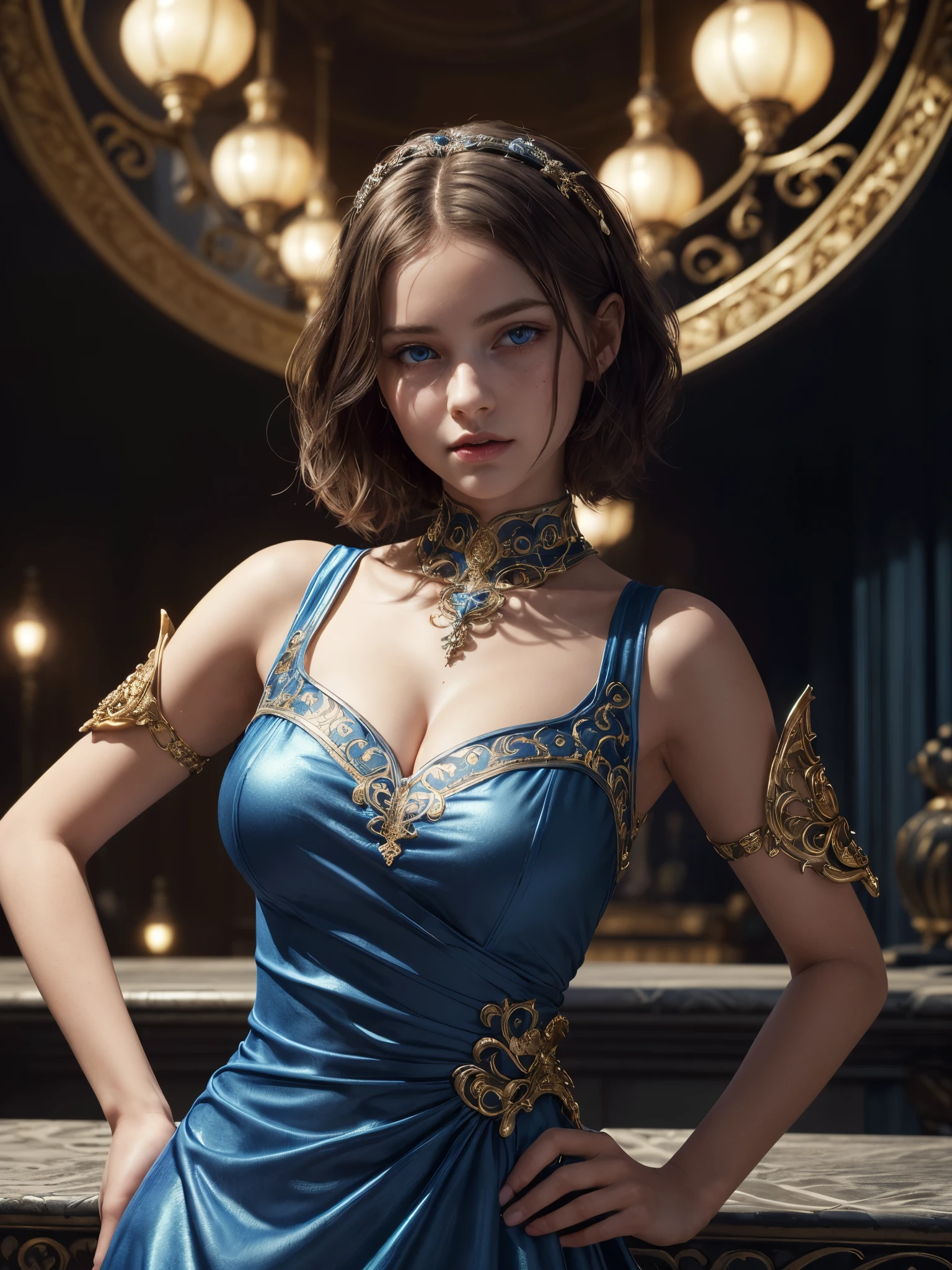 1girl, glowing pillars, dramatic cinematic lighting, detailed face, looking at viewer, (masterpiece, highest quality, software:1.4), (hyper-realistic, realistic:1.3), short bob hair, detailed shiny hair, (sophisticated blue dress design:1.4), (exaggerated ornamental ornate shoulder pad:1.2), mouth closed, sparkling eyes, cleavage, gigantic breasts, (, cute:1.3), 