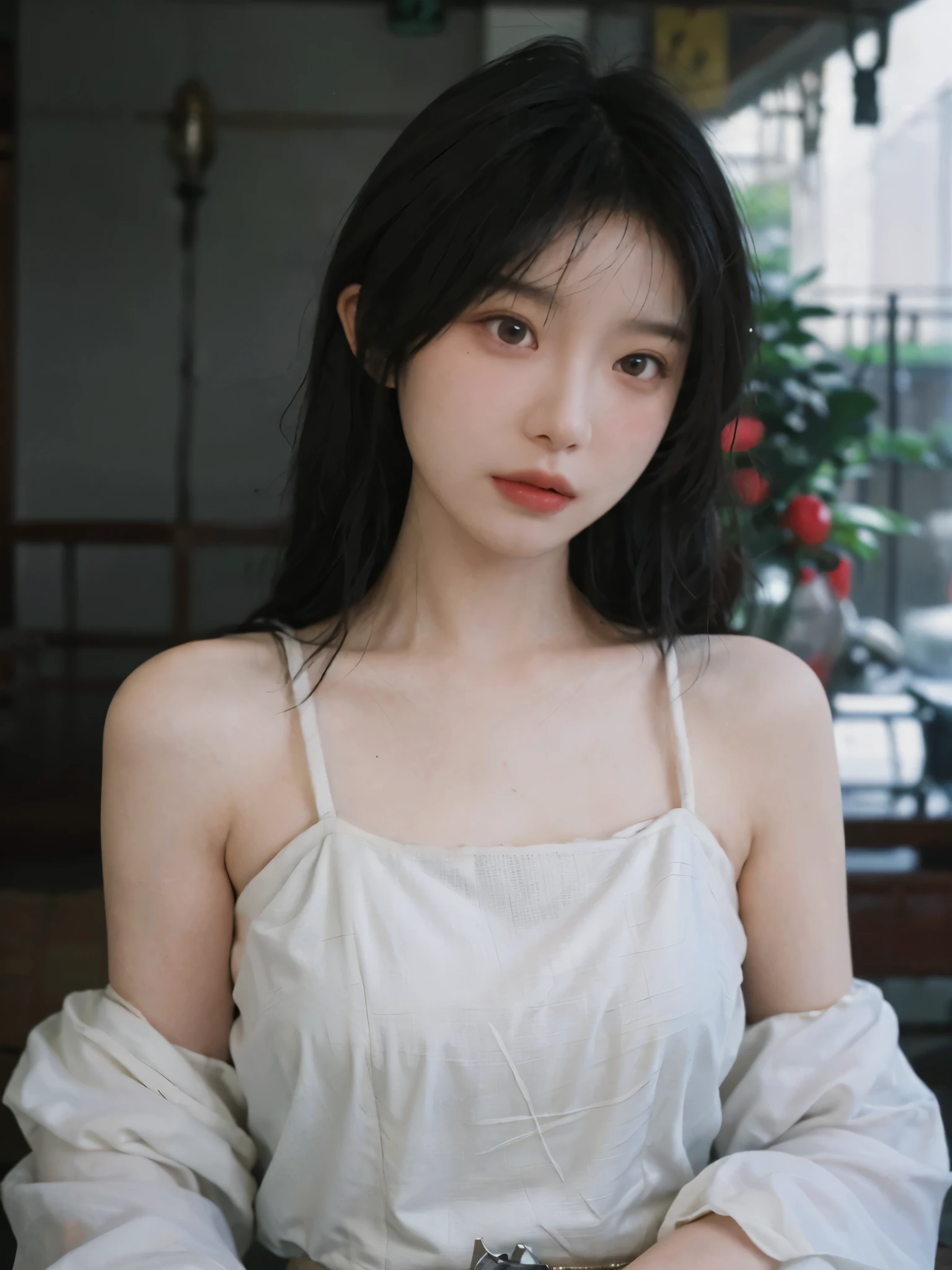 Film portrait photography, 2 girls, bare shoulders, Shoulder length wavy hair, Snow-white cheongsam,(Realistic and detailed eyes, natural skin texture, Realistic facial details),, depth of field, Bokeh, Vibrant details, Detailed and detailed, Surrealism, 35mm film, hazy, ,self-shot,