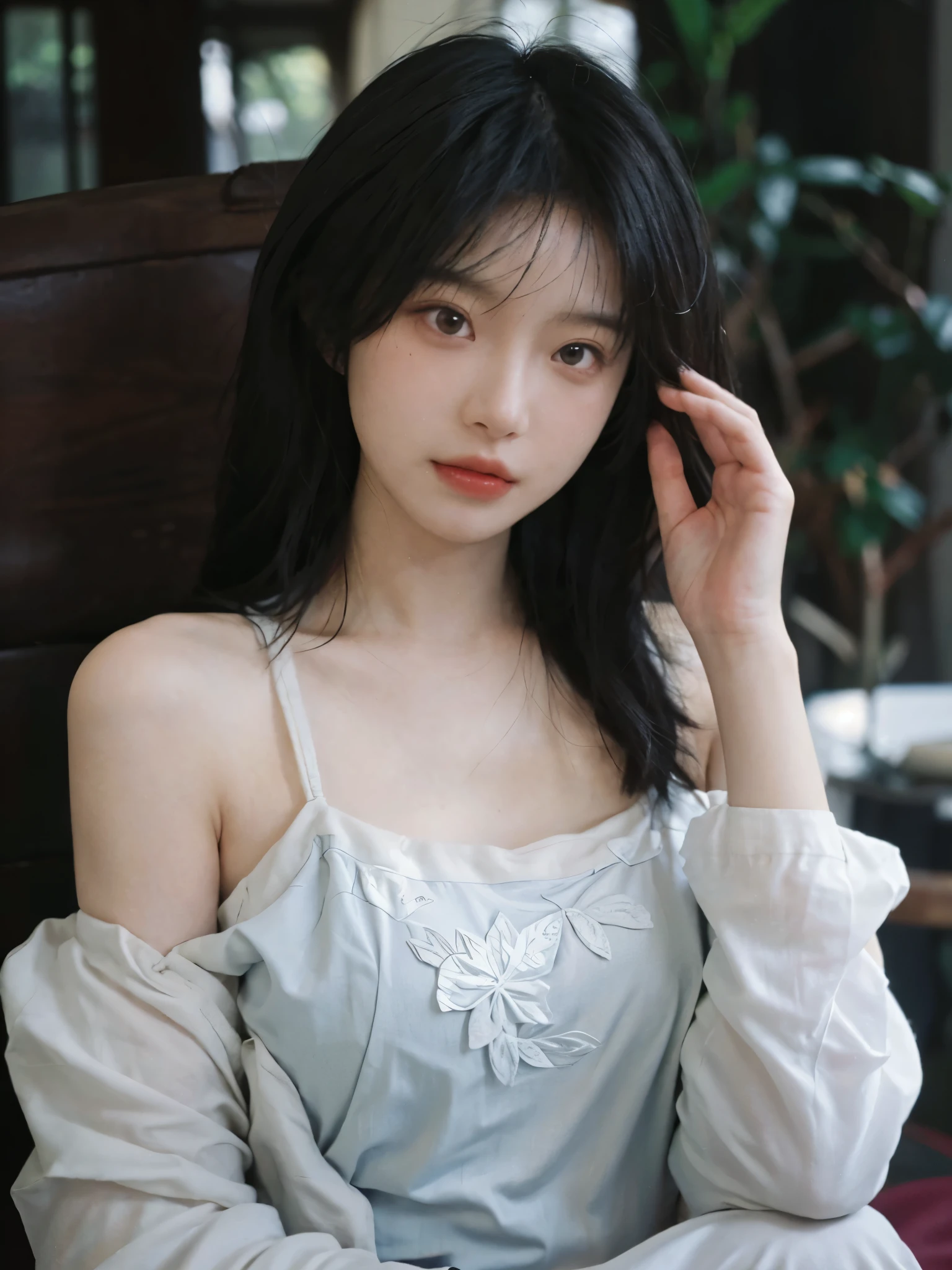 Film portrait photography, 2 girls, bare shoulders, Shoulder length wavy hair, Snow-white cheongsam,(Realistic and detailed eyes, natural skin texture, Realistic facial details),, depth of field, Bokeh, Vibrant details, Detailed and detailed, Surrealism, 35mm film, hazy, ,self-shot,