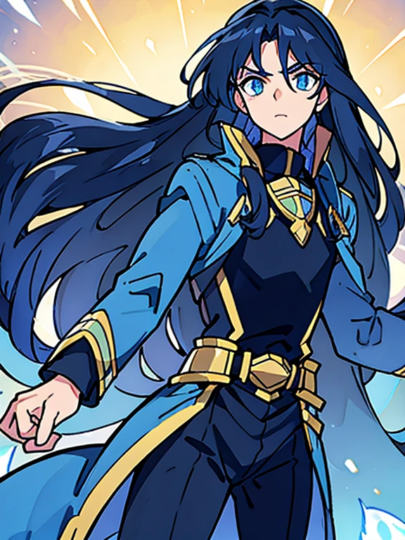 Paladin, Determined gaze, (Straight Hair,long hair), Boys, dark blue hair, blue eyes,