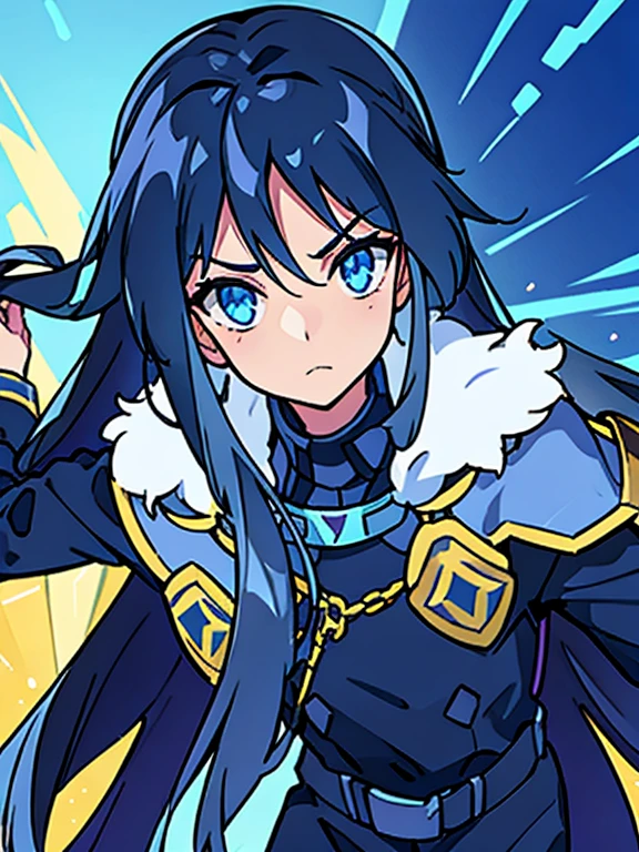 Paladin, Determined gaze, (Straight Hair,long hair), Boys, dark blue hair, blue eyes,